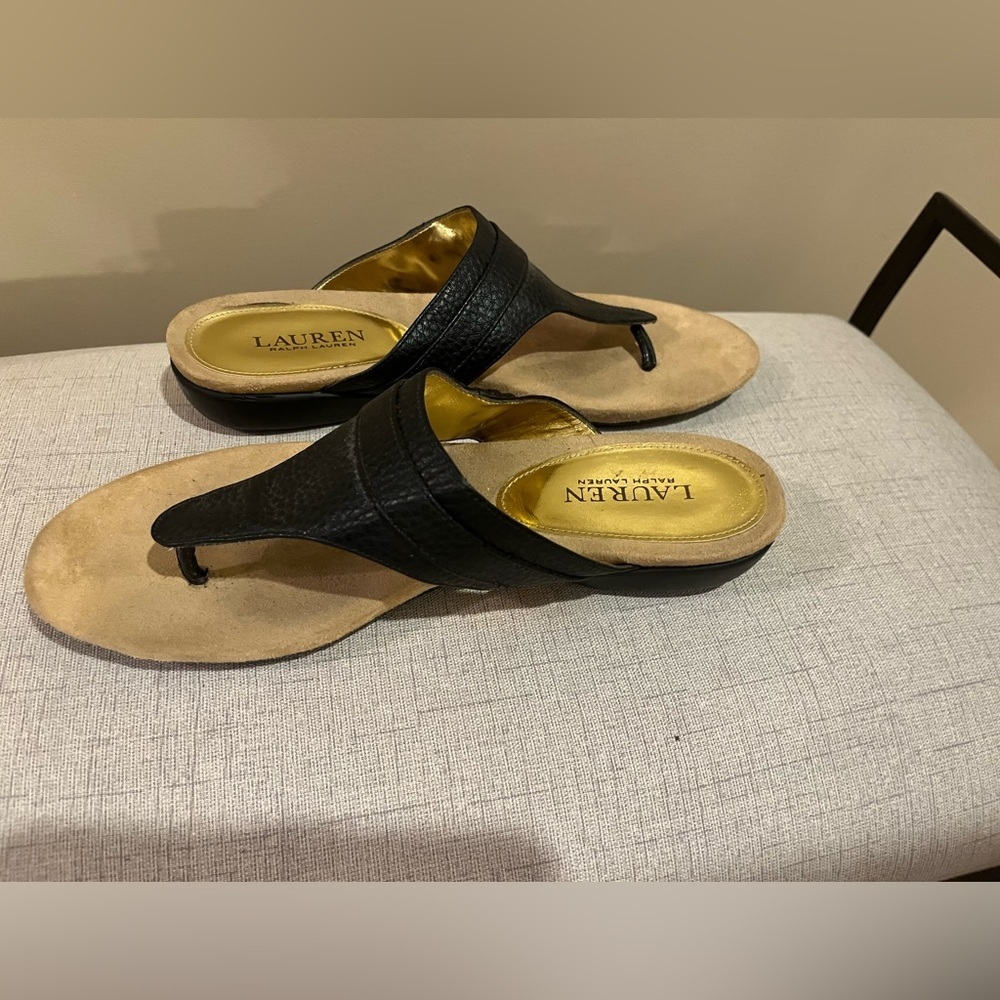 Lauren KENDRA Sandals Genuine Leather, Black with Gold Accents, size 9 - Picture 3 of 5
